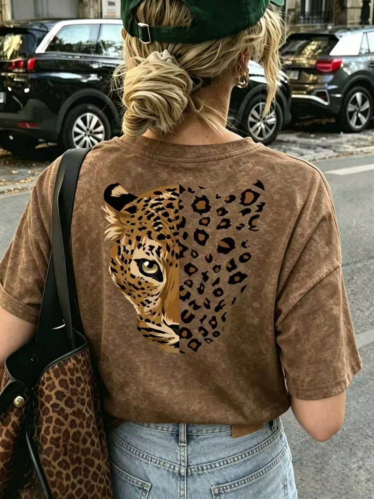 Women's Casual Leopard Print Round Neck Brown Short Sleeve T-Shirt, Minimalist Daily Street Style, Spring/Summer