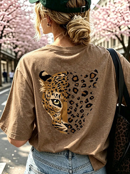 Women's Casual Leopard Print Round Neck Brown Short Sleeve T-Shirt, Minimalist Daily Street Style, Spring/Summer