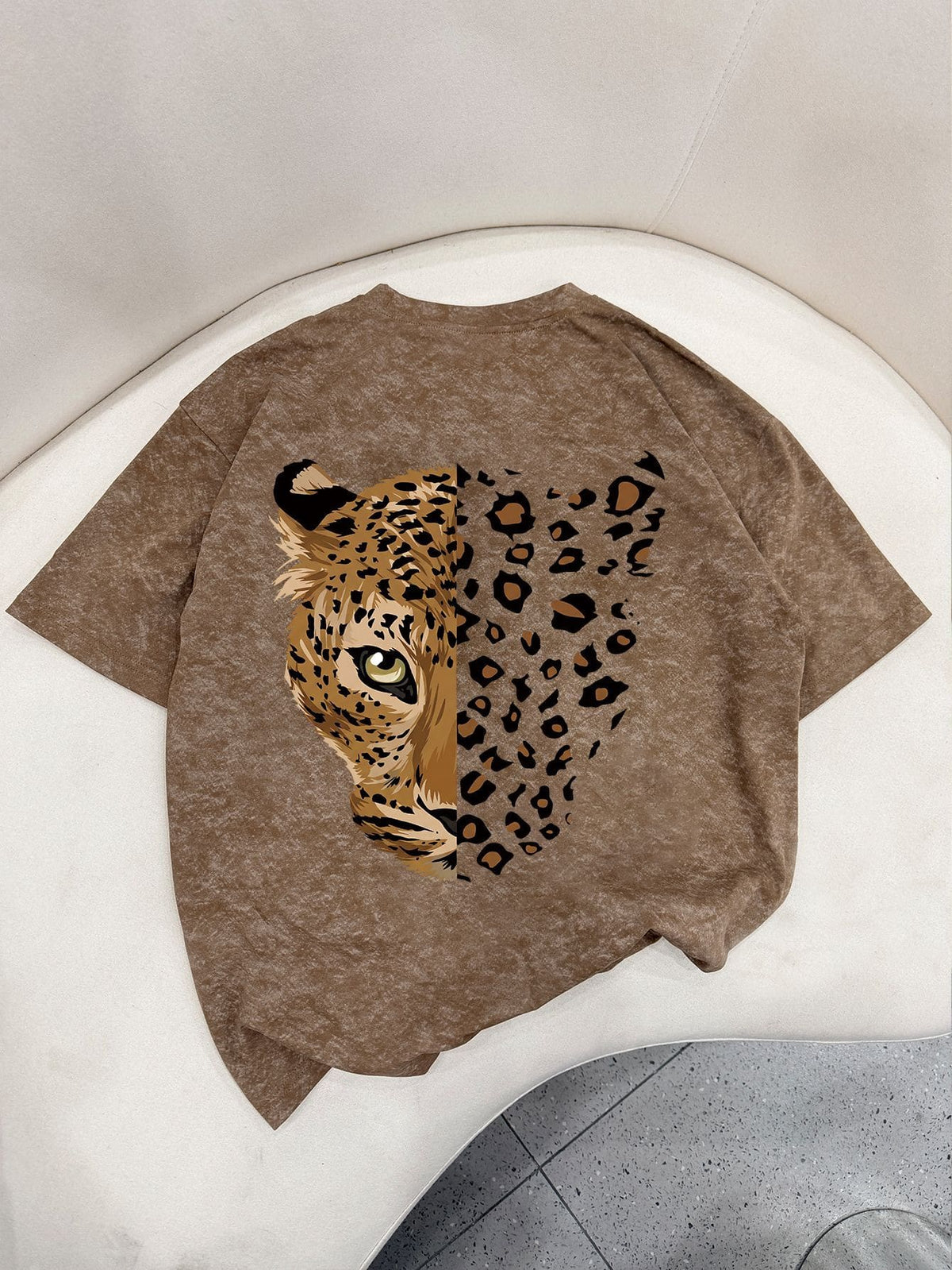 Women's Casual Leopard Print Round Neck Brown Short Sleeve T-Shirt, Minimalist Daily Street Style, Spring/Summer