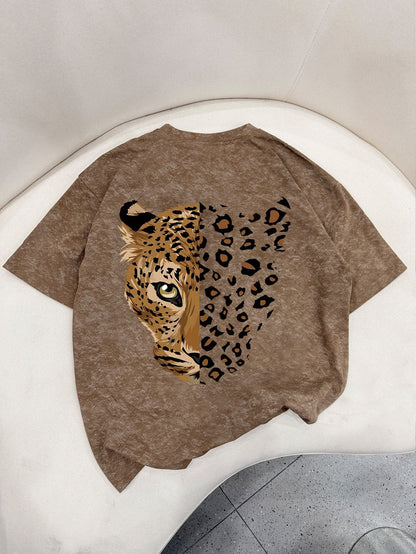 Women's Casual Leopard Print Round Neck Brown Short Sleeve T-Shirt, Minimalist Daily Street Style, Spring/Summer