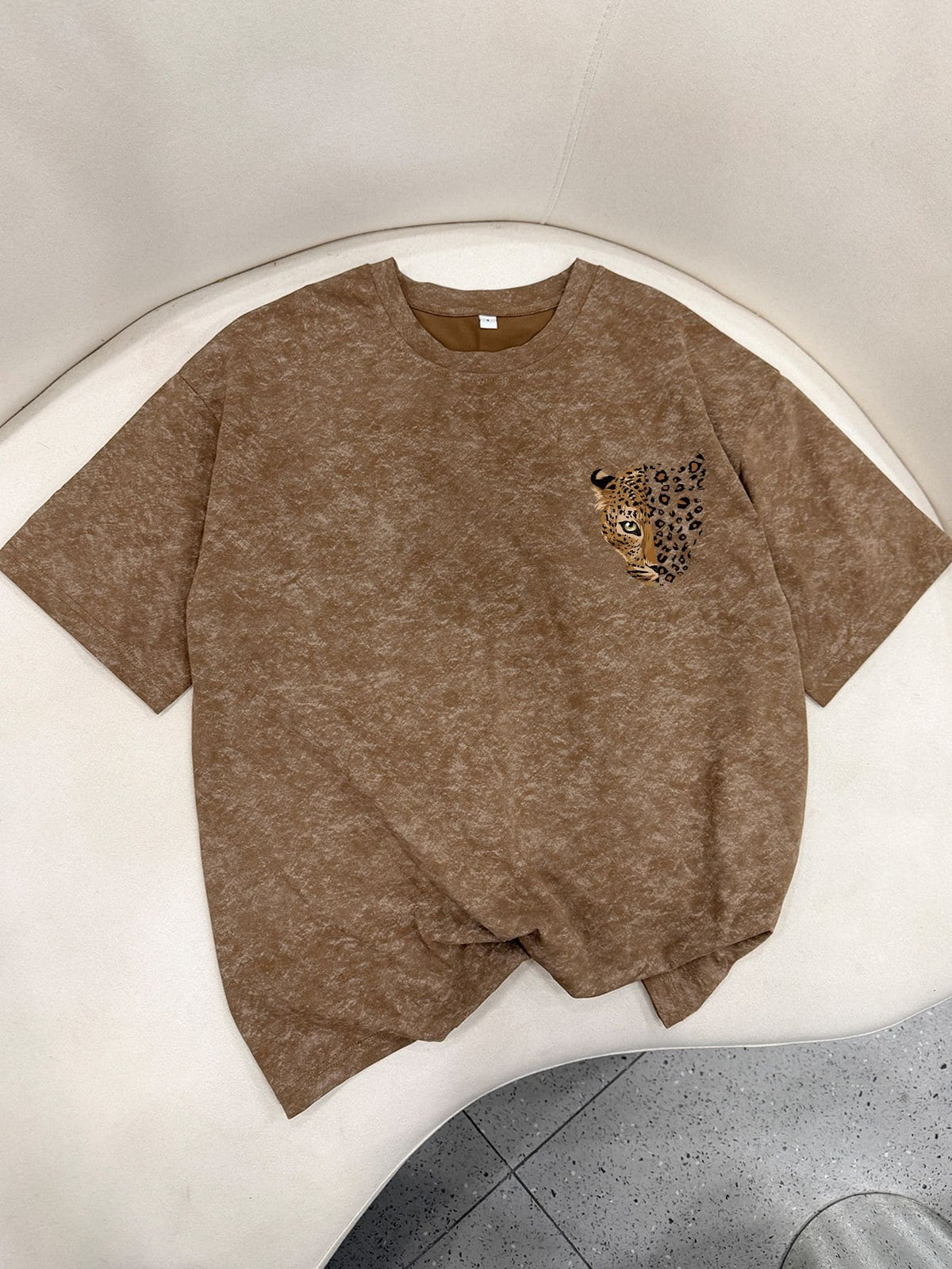 Women's Casual Leopard Print Round Neck Brown Short Sleeve T-Shirt, Minimalist Daily Street Style, Spring/Summer