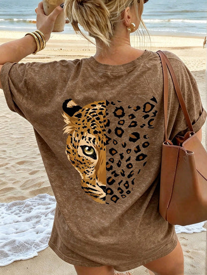 Women's Casual Leopard Print Round Neck Brown Short Sleeve T-Shirt, Minimalist Daily Street Style, Spring/Summer