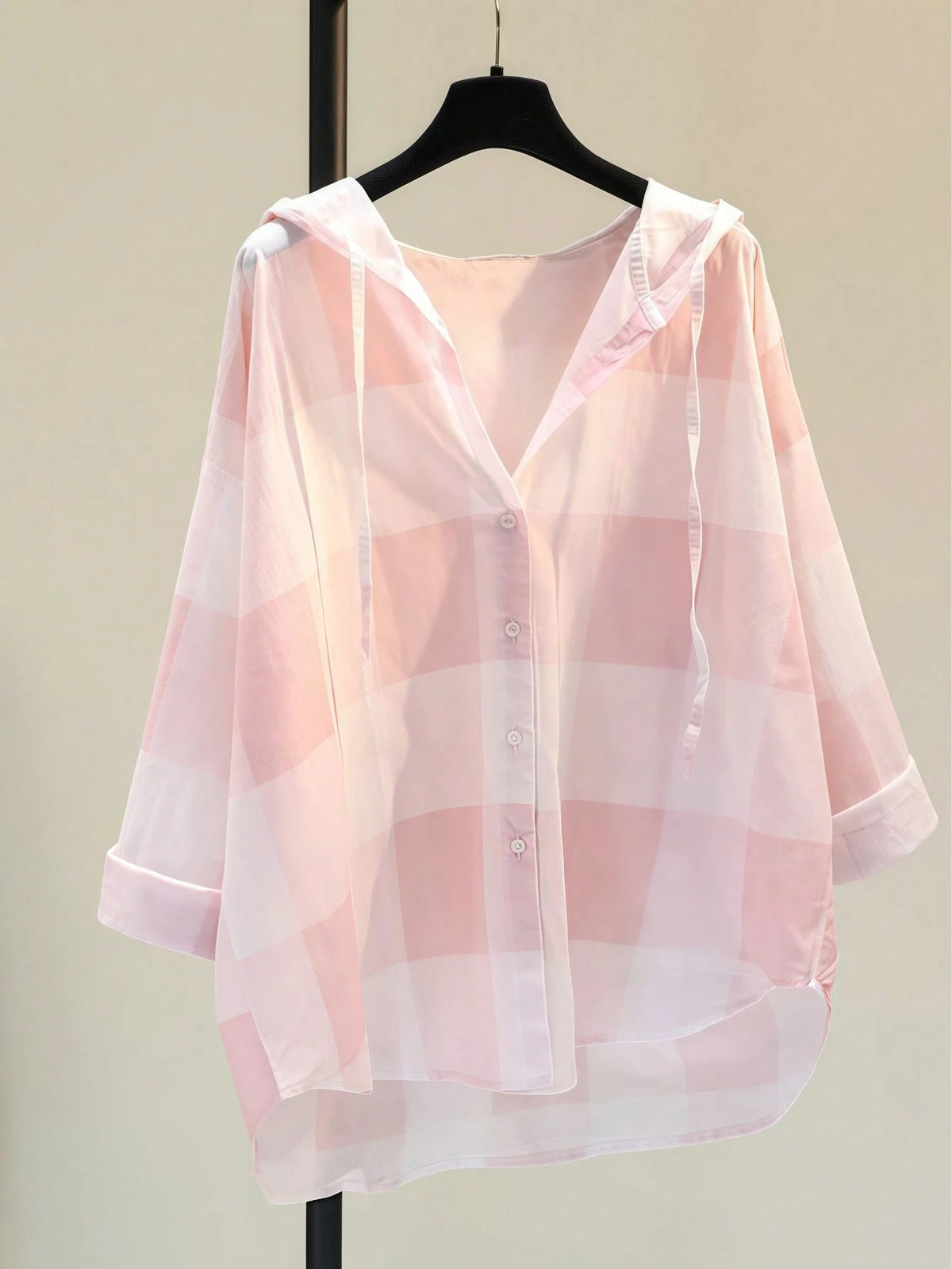 Women's Casual Plaid Hooded Long Sleeve Shirt, Button Front, Suitable For Autumn, Winter, Spring, School, Party, Summer Outfits Pink