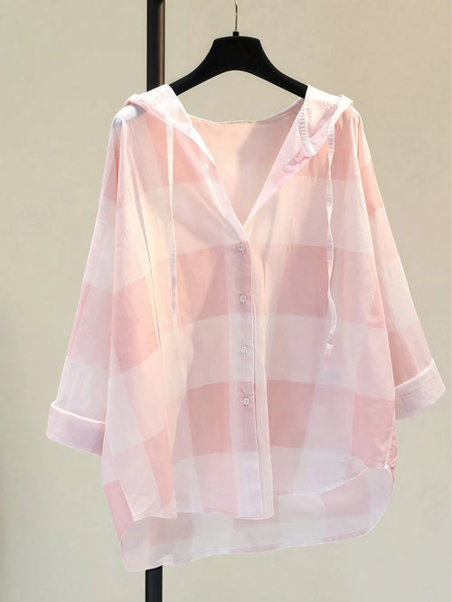 Women's Casual Plaid Hooded Long Sleeve Shirt, Button Front, Suitable For Autumn, Winter, Spring, School, Party, Summer Outfits Pink