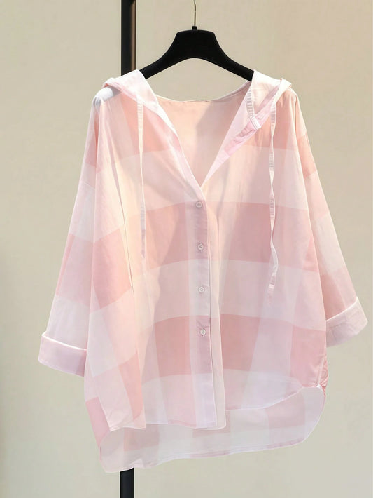 Women's Casual Plaid Hooded Long Sleeve Shirt, Button Front, Suitable For Autumn, Winter, Spring, School, Party, Summer Outfits Pink