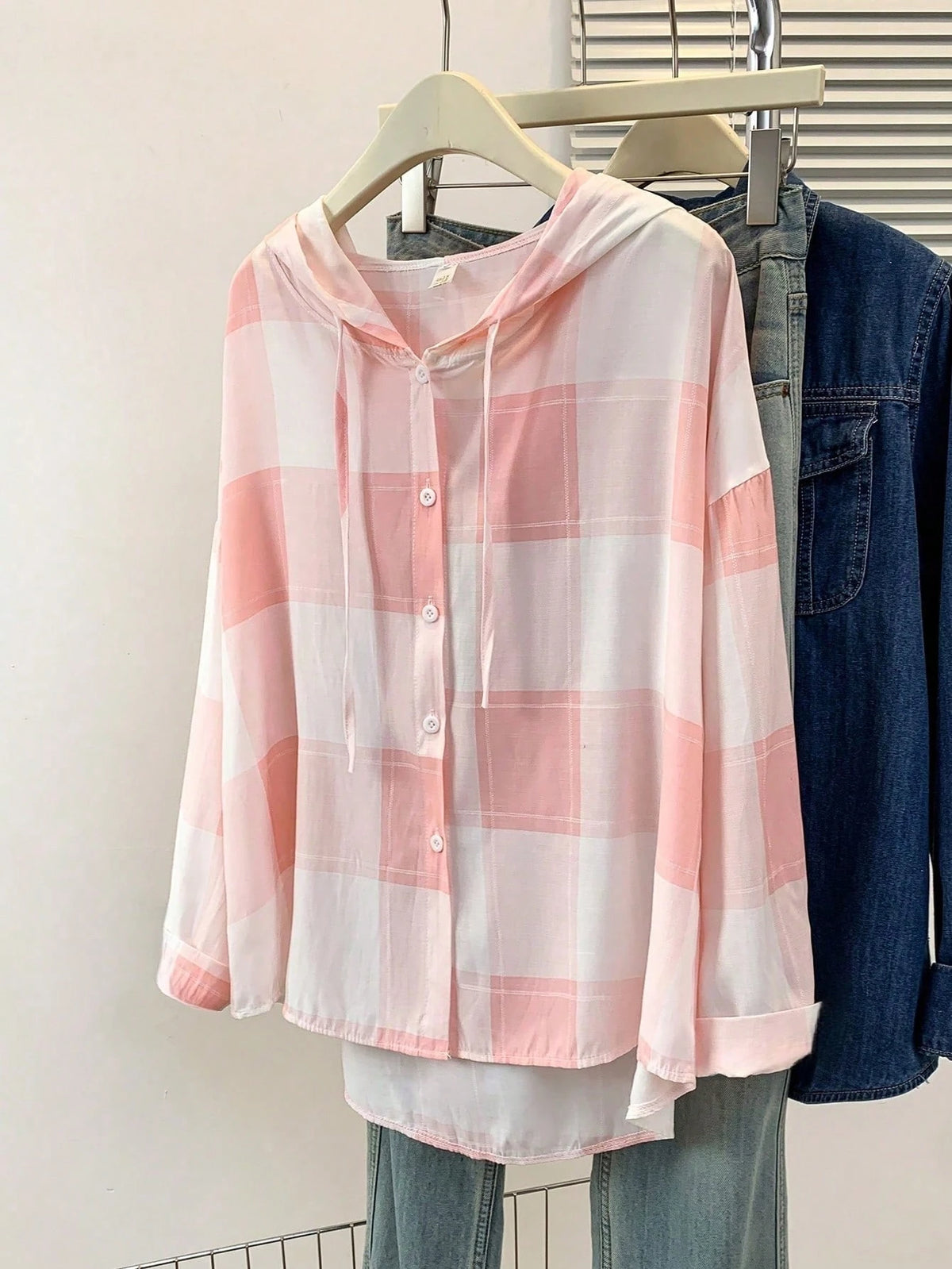 Women's Casual Plaid Hooded Long Sleeve Shirt, Button Front, Suitable For Autumn, Winter, Spring, School, Party, Summer Outfits Pink