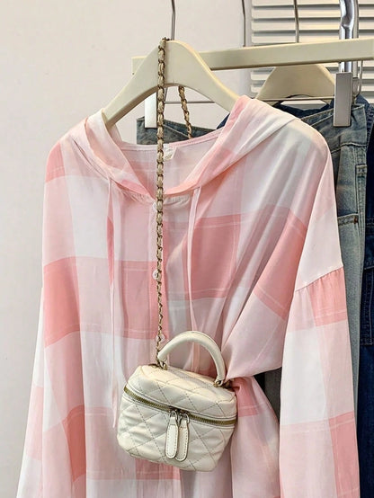 Women's Casual Plaid Hooded Long Sleeve Shirt, Button Front, Suitable For Autumn, Winter, Spring, School, Party, Summer Outfits Pink