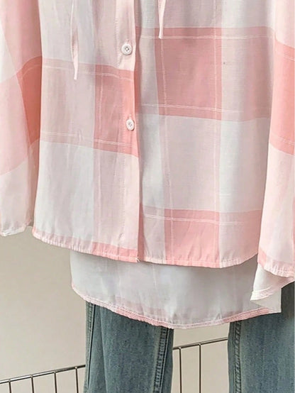 Women's Casual Plaid Hooded Long Sleeve Shirt, Button Front, Suitable For Autumn, Winter, Spring, School, Party, Summer Outfits Pink