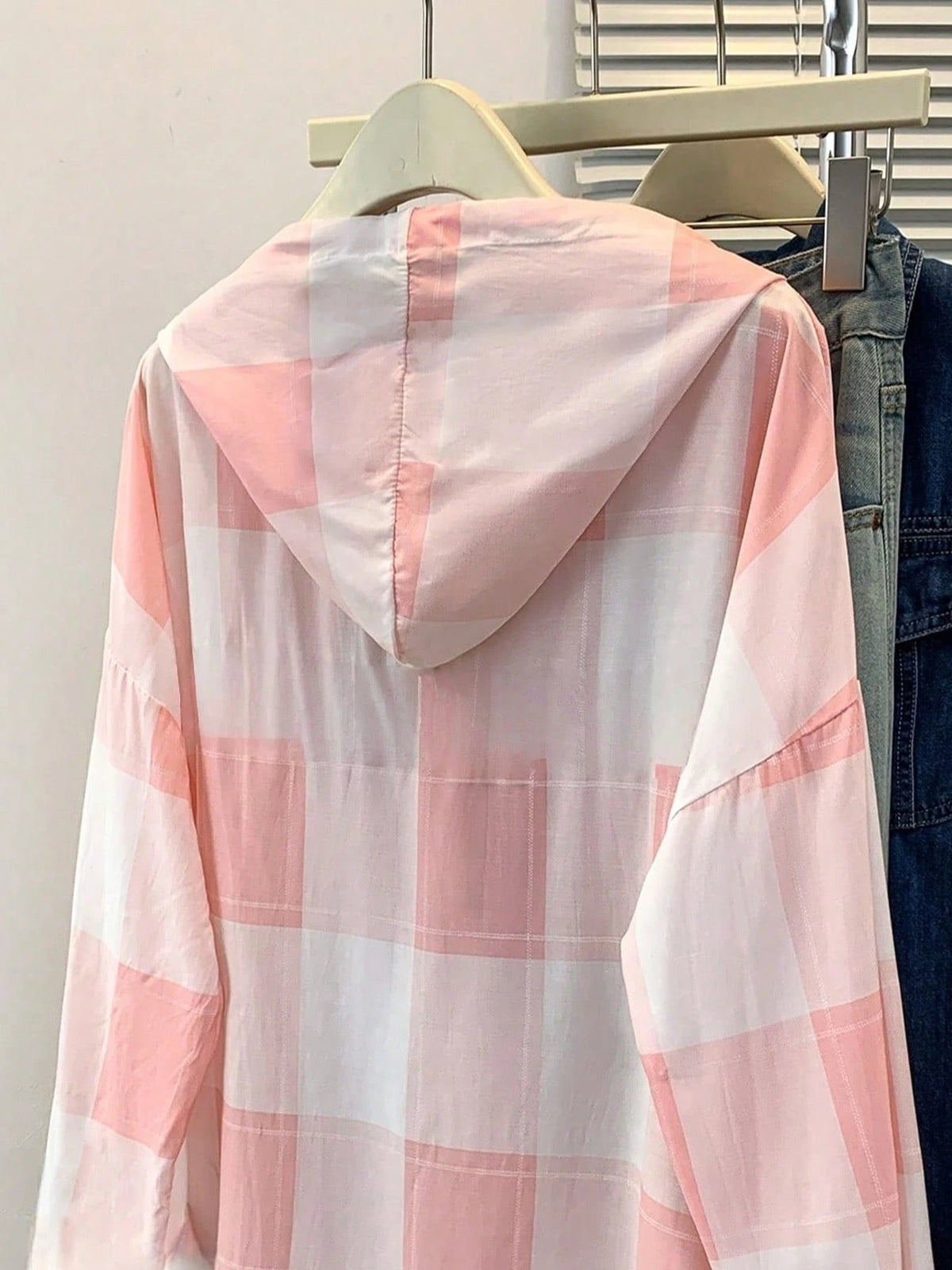 Women's Casual Plaid Hooded Long Sleeve Shirt, Button Front, Suitable For Autumn, Winter, Spring, School, Party, Summer Outfits Pink