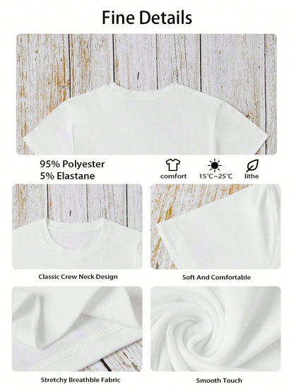 Women's Casual Printed Round Neck Short Sleeve White T-Shirt, Summer
