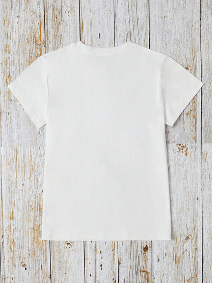Women's Casual Printed Round Neck Short Sleeve White T-Shirt, Summer