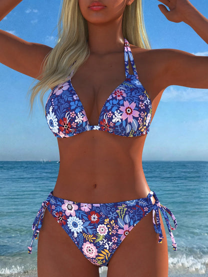 Women's Casual Sexy Floral Print Halter Bikini Set Set, Suitable For Beach And Pool Parties, Summer Vacation New Arrival, Holiday Summer Vacation