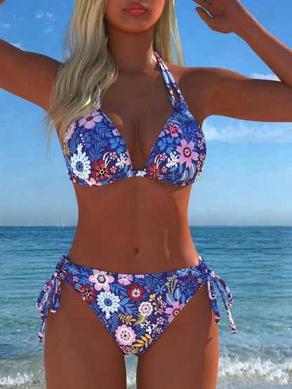 Women's Casual Sexy Floral Print Halter Bikini Set Set, Suitable For Beach And Pool Parties, Summer Vacation New Arrival, Holiday Summer Vacation