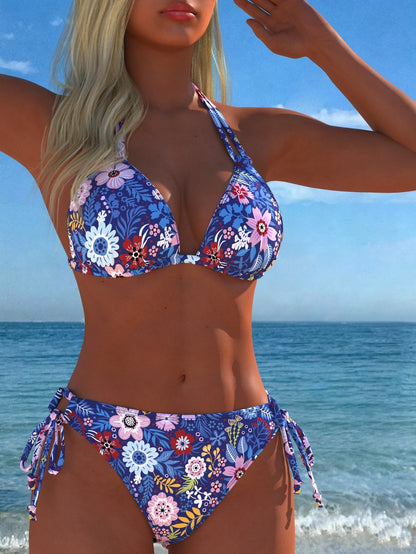 Women's Casual Sexy Floral Print Halter Bikini Set Set, Suitable For Beach And Pool Parties, Summer Vacation New Arrival, Holiday Summer Vacation