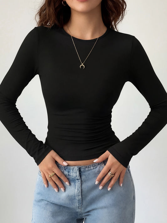 Women's Casual Slim Fit Round Neck Long Sleeve T-Shirt Black Spring, Breathable
