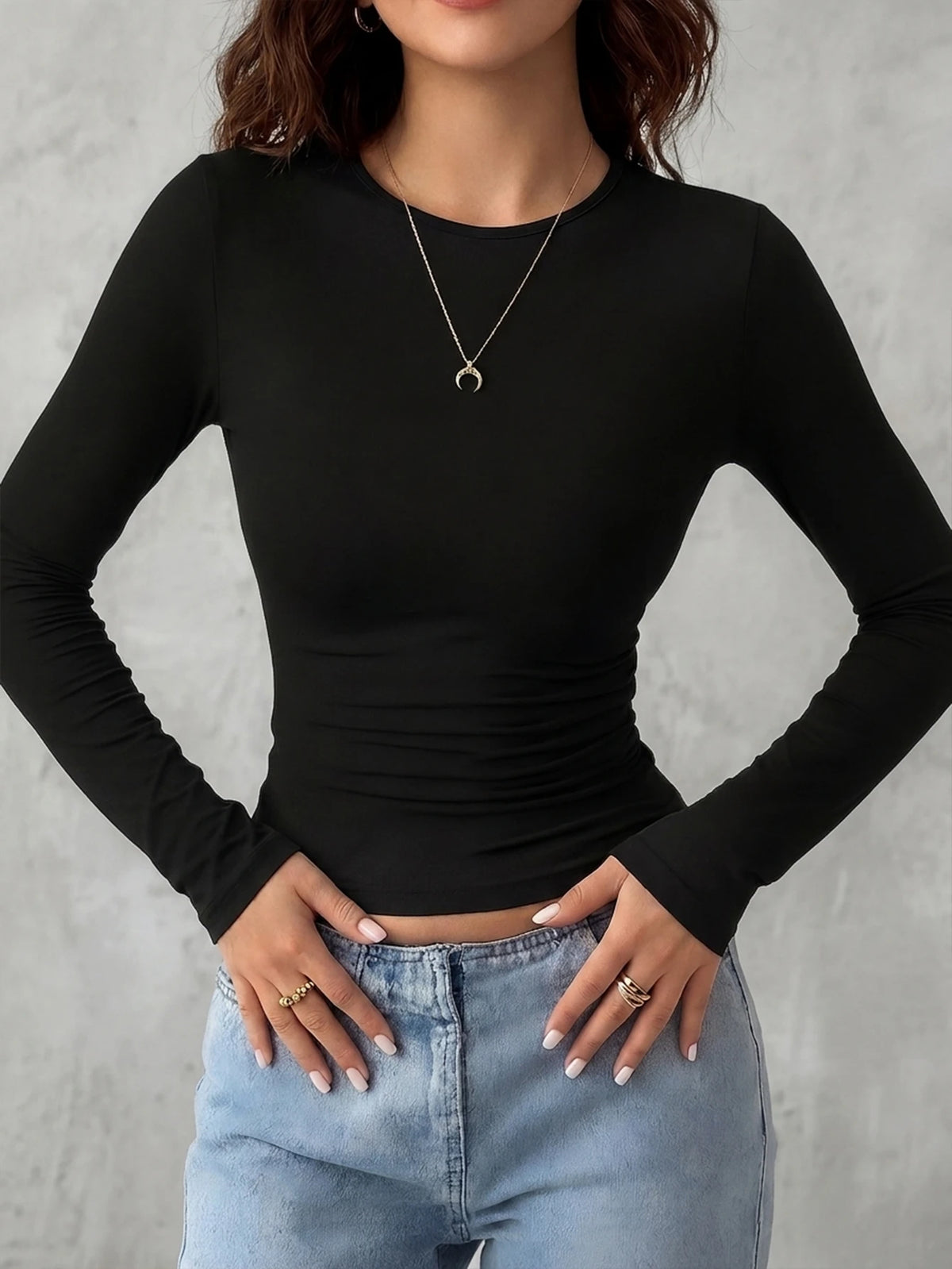 Women's Casual Slim Fit Round Neck Long Sleeve T-Shirt Black Spring, Breathable