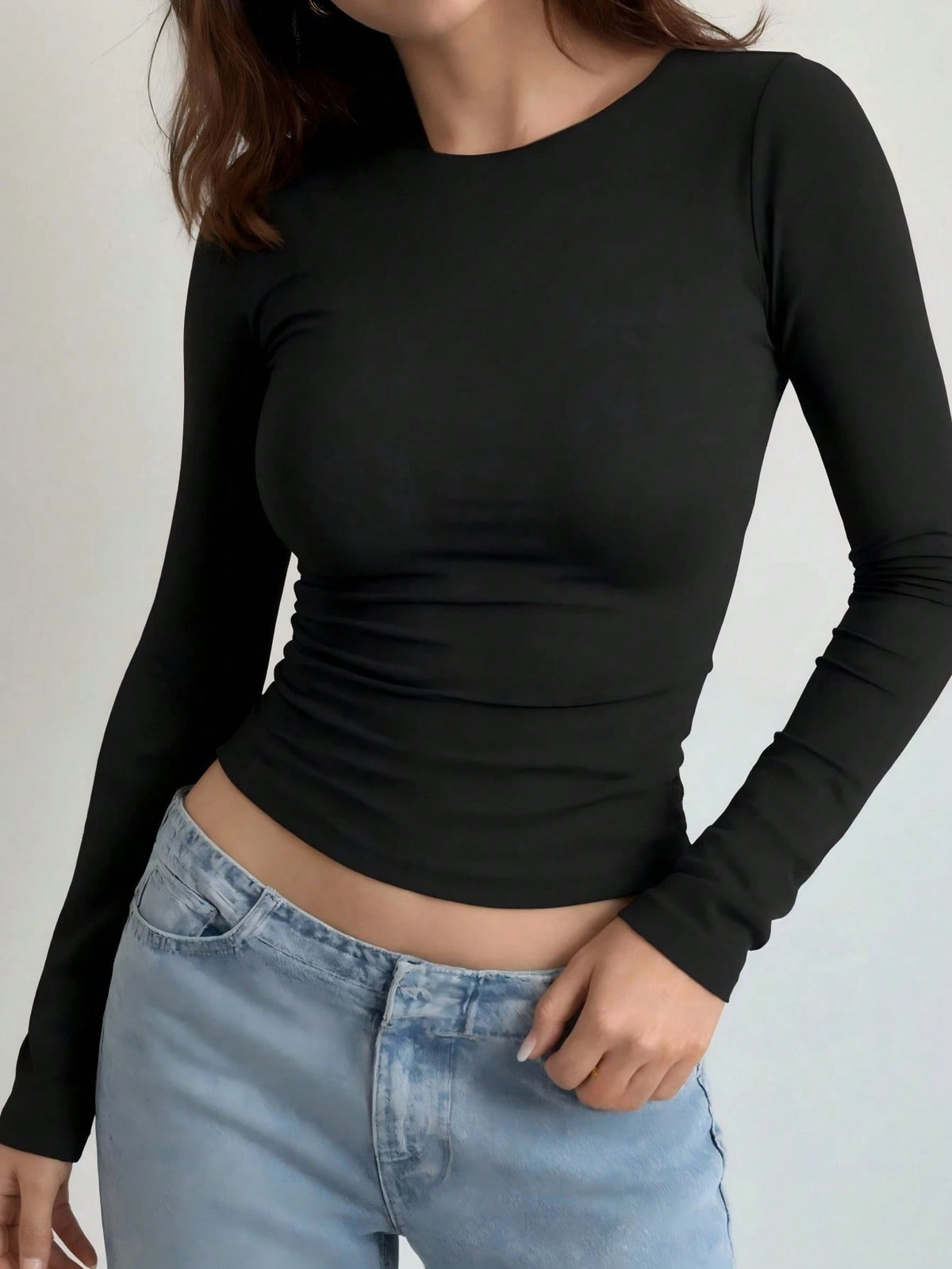 Women's Casual Slim Fit Round Neck Long Sleeve T-Shirt Black Spring, Breathable