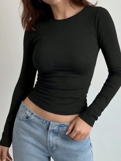Women's Casual Slim Fit Round Neck Long Sleeve T-Shirt Black Spring, Breathable