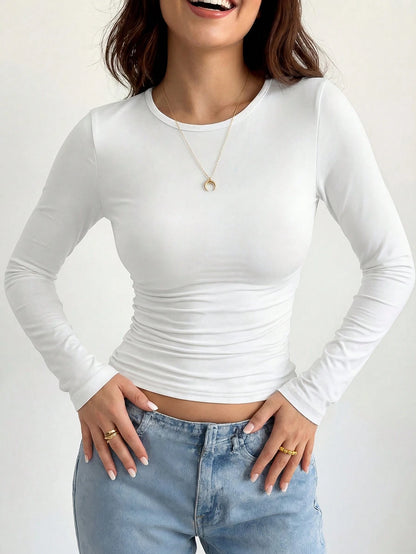 Women's Casual Slim Fit Round Neck Long Sleeve T-Shirt Black Spring, Breathable