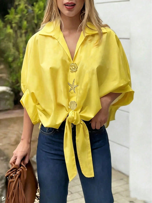 Women's Casual Solid Color Woven Fabric Twist Button Shirt For Summer Daily Wear Yellow