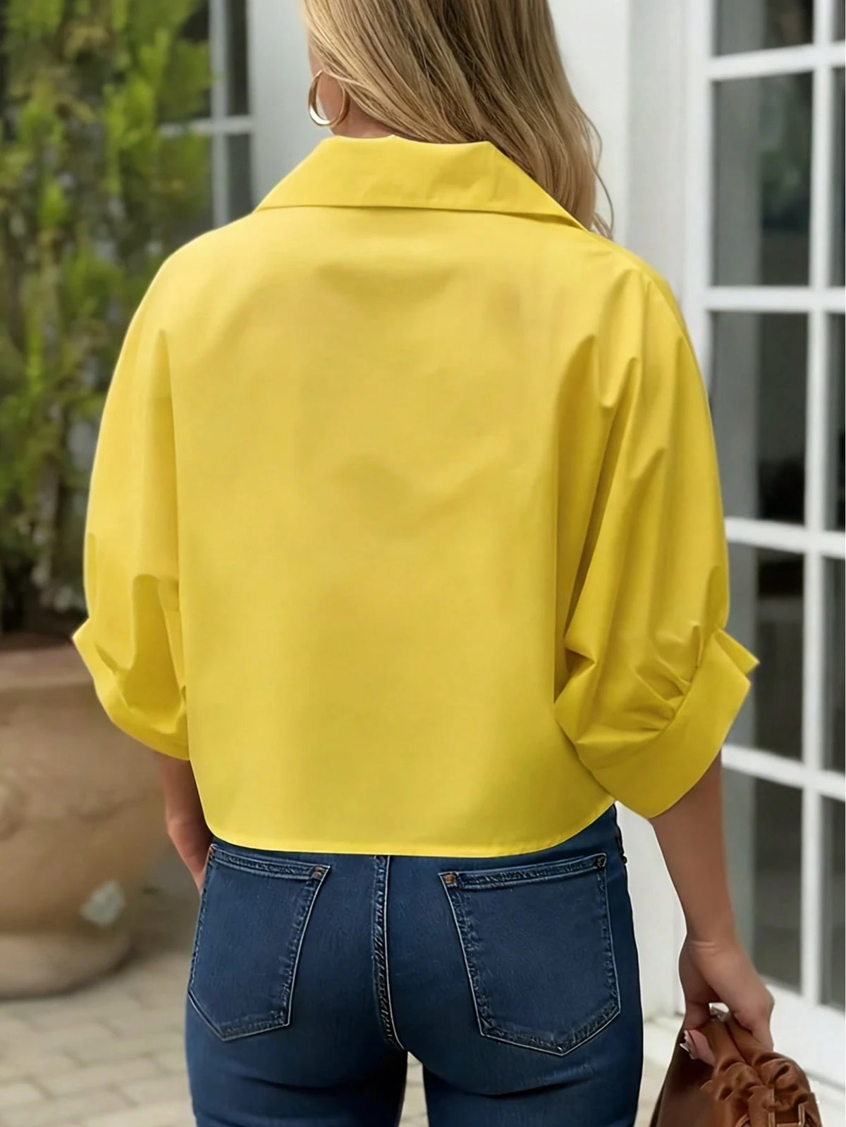 Women's Casual Solid Color Woven Fabric Twist Button Shirt For Summer Daily Wear Yellow