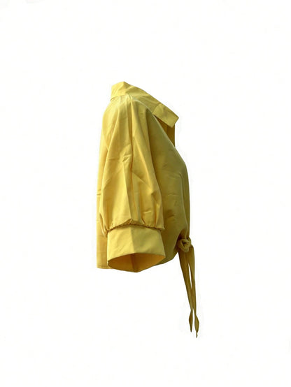 Women's Casual Solid Color Woven Fabric Twist Button Shirt For Summer Daily Wear Yellow