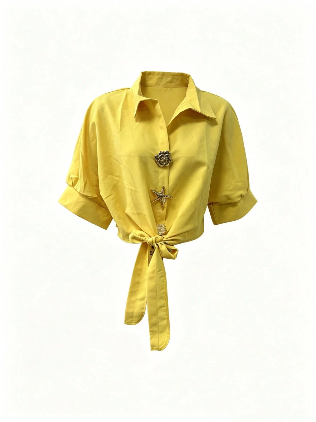 Women's Casual Solid Color Woven Fabric Twist Button Shirt For Summer Daily Wear Yellow
