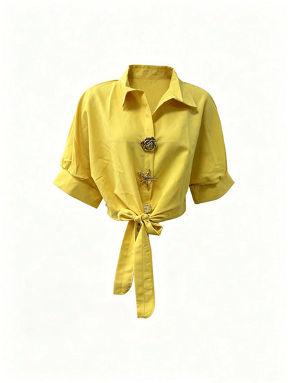 Women's Casual Solid Color Woven Fabric Twist Button Shirt For Summer Daily Wear Yellow