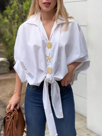 Women's Casual Solid Color Woven Fabric Twist Button Shirt For Summer Daily Wear Yellow