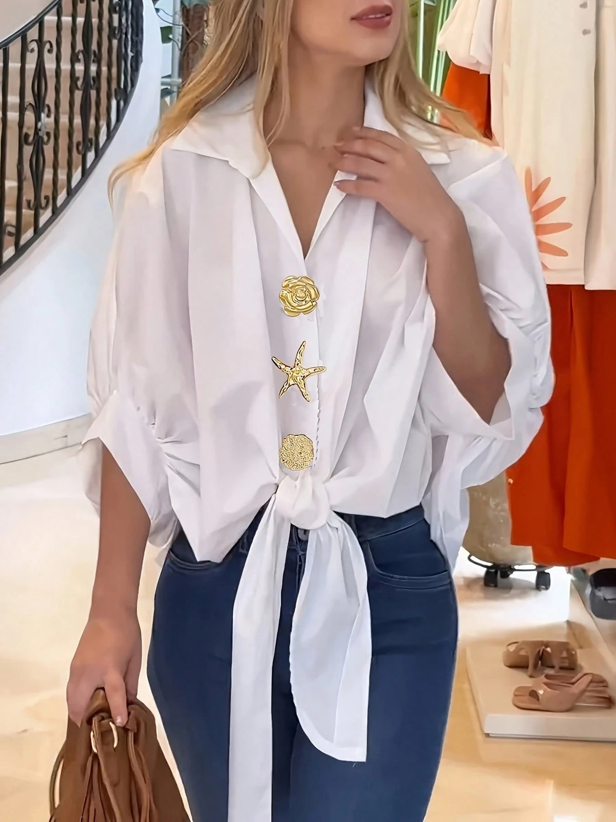 Women's Casual Solid Color Woven Fabric Twist Button Shirt For Summer Daily Wear Yellow
