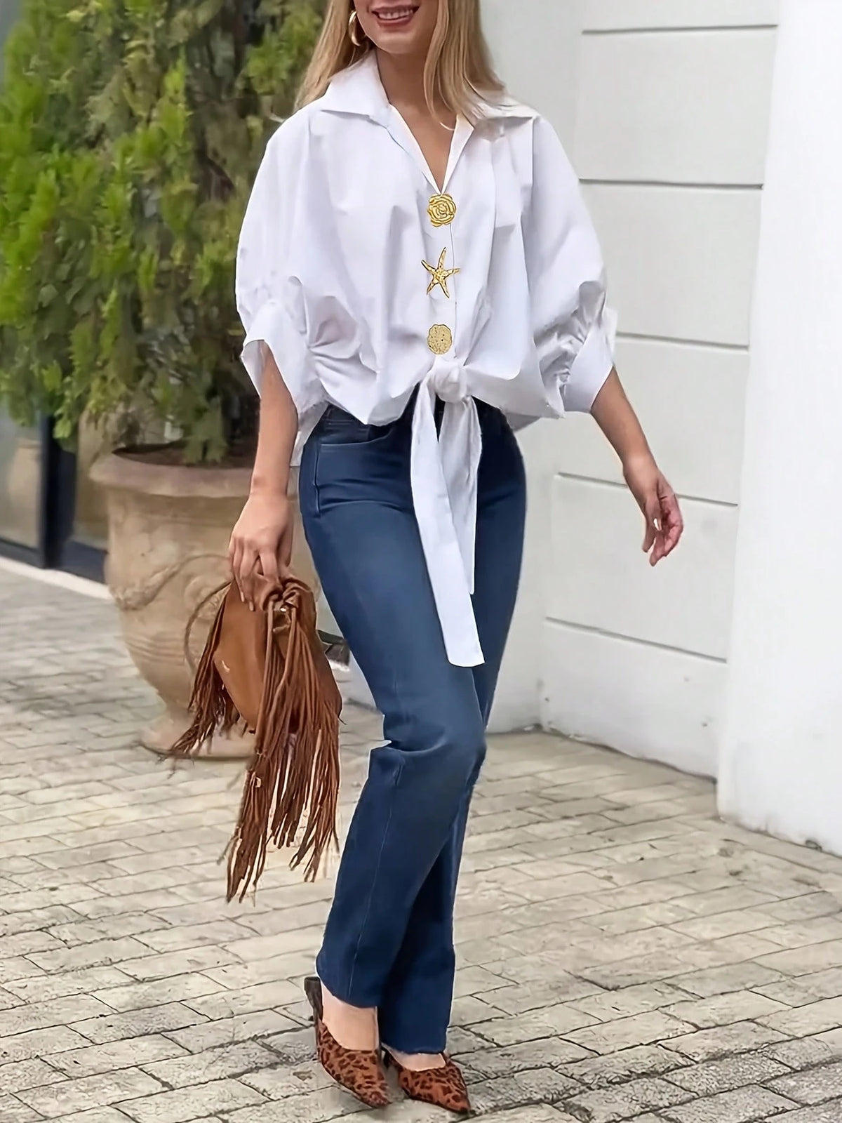 Women's Casual Solid Color Woven Fabric Twist Button Shirt For Summer Daily Wear Yellow