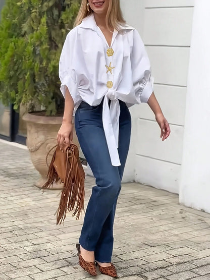 Women's Casual Solid Color Woven Fabric Twist Button Shirt For Summer Daily Wear Yellow