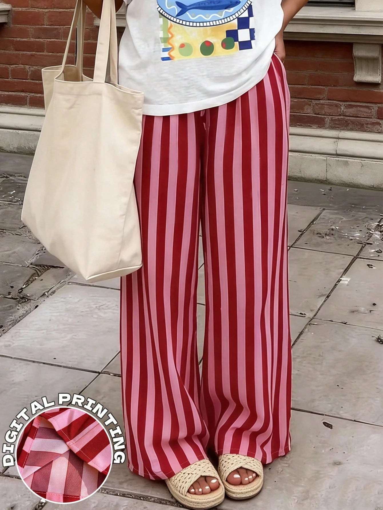 Women's Casual Striped Loose Pants, Lightweight Comfortable Elegant Bohemian Style Trousers For Spring, Summer, Autumn Seasons Vacation Pink, Aesthetic