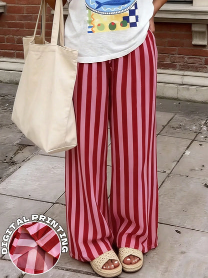 Women's Casual Striped Loose Pants, Lightweight Comfortable Elegant Bohemian Style Trousers For Spring, Summer, Autumn Seasons Vacation Pink, Aesthetic