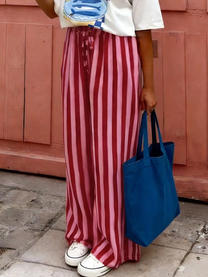 Women's Casual Striped Loose Pants, Lightweight Comfortable Elegant Bohemian Style Trousers For Spring, Summer, Autumn Seasons Vacation Pink, Aesthetic