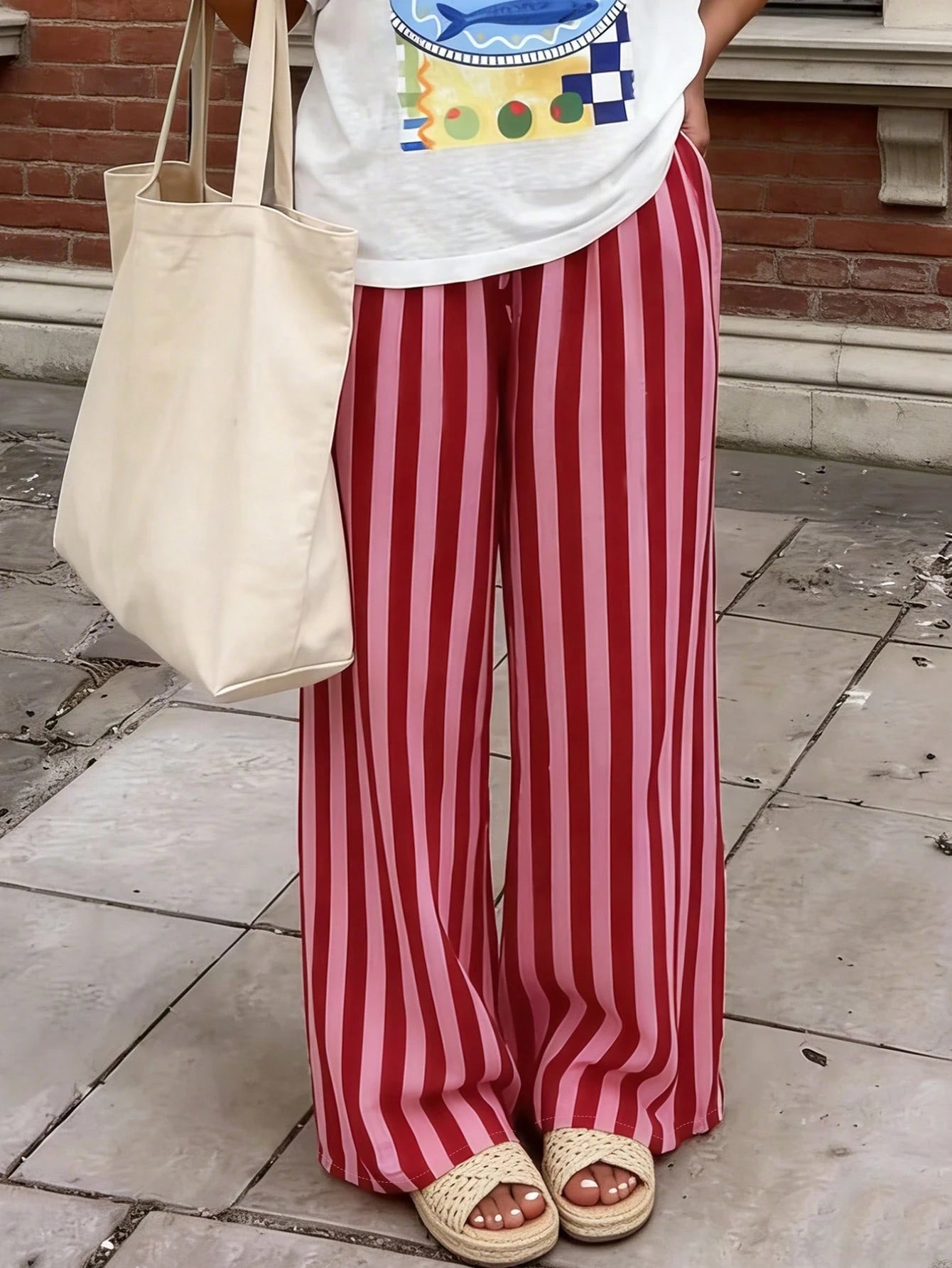 Women's Casual Striped Loose Pants, Lightweight Comfortable Elegant Bohemian Style Trousers For Spring, Summer, Autumn Seasons Vacation Pink, Aesthetic