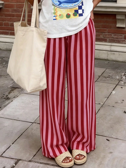 Women's Casual Striped Loose Pants, Lightweight Comfortable Elegant Bohemian Style Trousers For Spring, Summer, Autumn Seasons Vacation Pink, Aesthetic