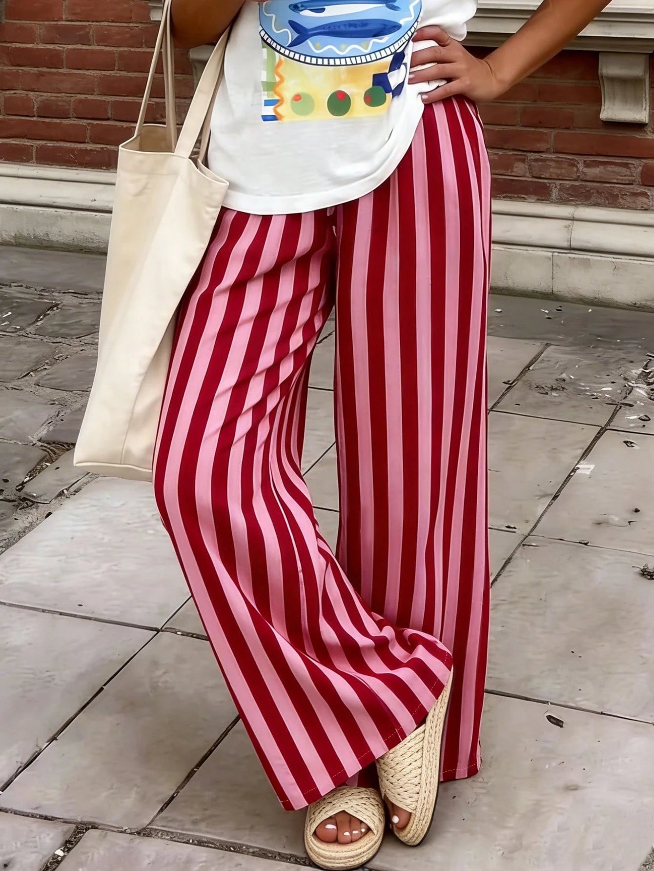 Women's Casual Striped Loose Pants, Lightweight Comfortable Elegant Bohemian Style Trousers For Spring, Summer, Autumn Seasons Vacation Pink, Aesthetic