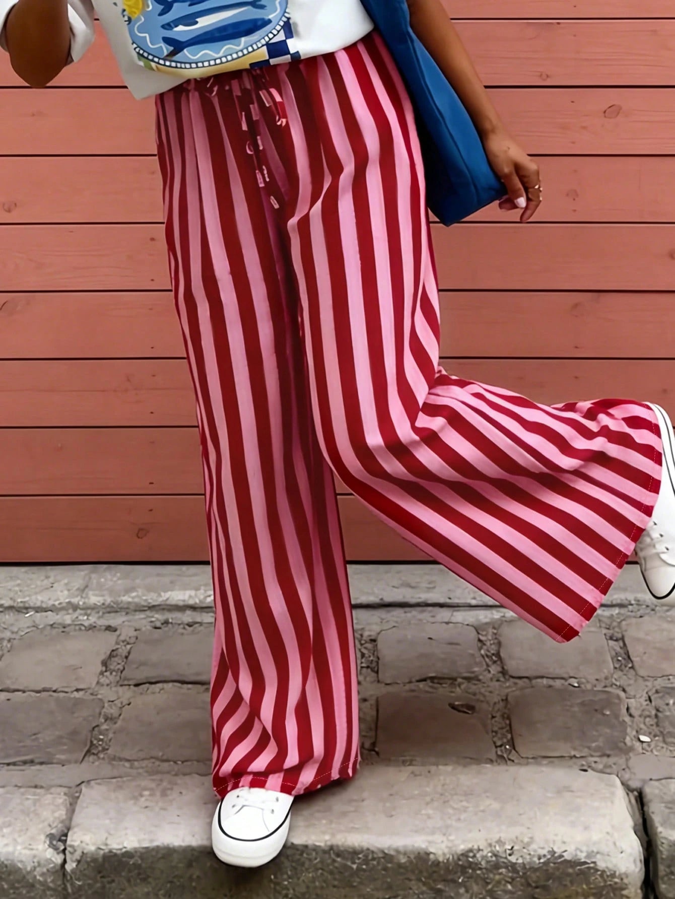 Women's Casual Striped Loose Pants, Lightweight Comfortable Elegant Bohemian Style Trousers For Spring, Summer, Autumn Seasons Vacation Pink, Aesthetic