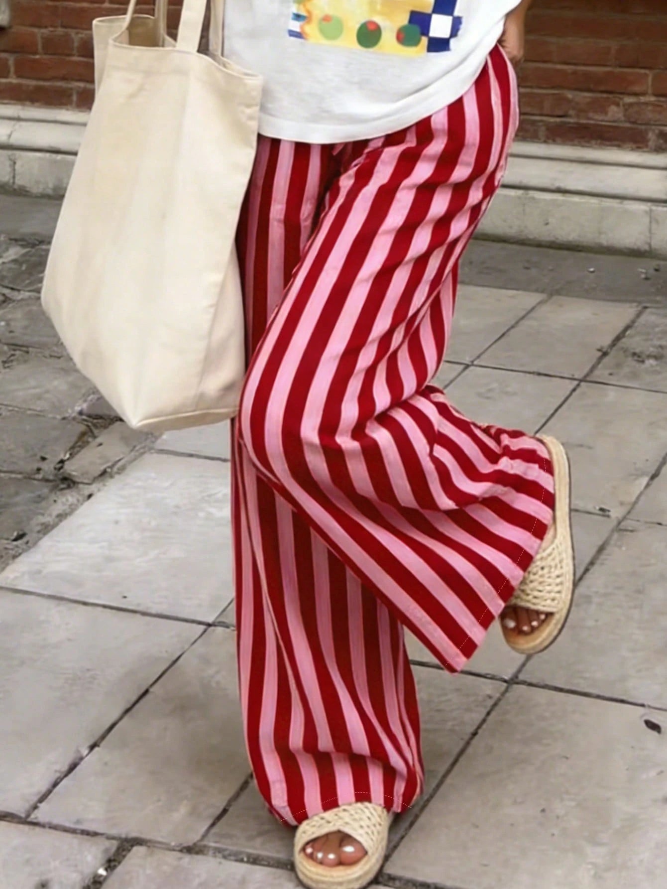 Women's Casual Striped Loose Pants, Lightweight Comfortable Elegant Bohemian Style Trousers For Spring, Summer, Autumn Seasons Vacation Pink, Aesthetic