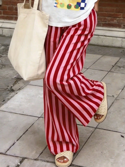 Women's Casual Striped Loose Pants, Lightweight Comfortable Elegant Bohemian Style Trousers For Spring, Summer, Autumn Seasons Vacation Pink, Aesthetic