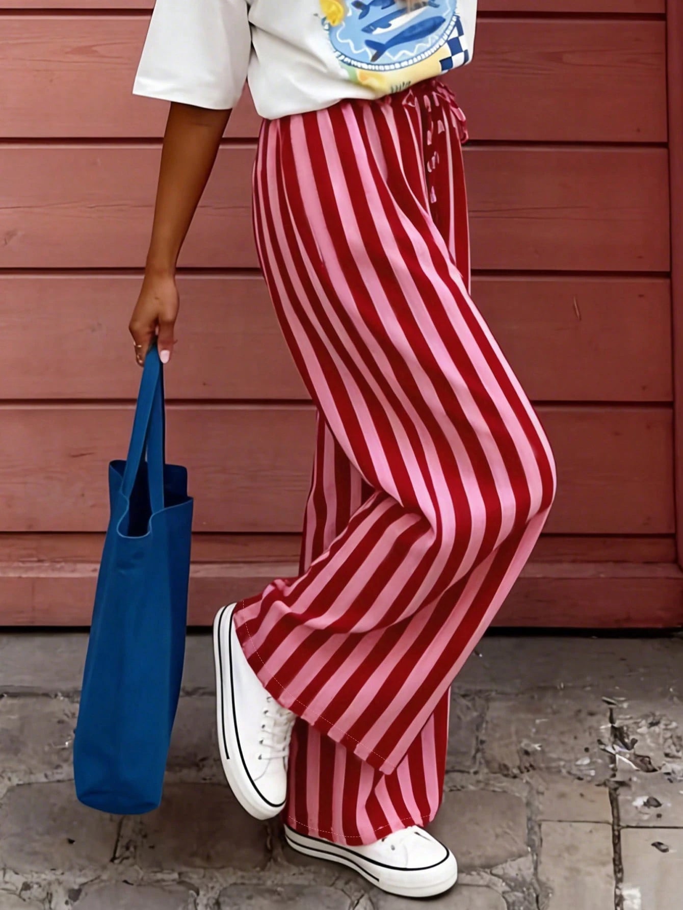 Women's Casual Striped Loose Pants, Lightweight Comfortable Elegant Bohemian Style Trousers For Spring, Summer, Autumn Seasons Vacation Pink, Aesthetic