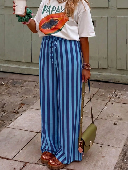 Women's Casual Striped Straight Leg Loose Pants, Suitable For Summer Holiday And Daily Wear