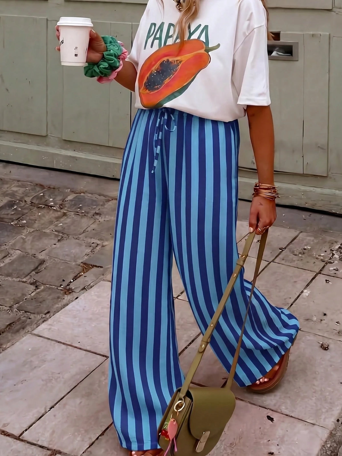 Women's Casual Striped Straight Leg Loose Pants, Suitable For Summer Holiday And Daily Wear