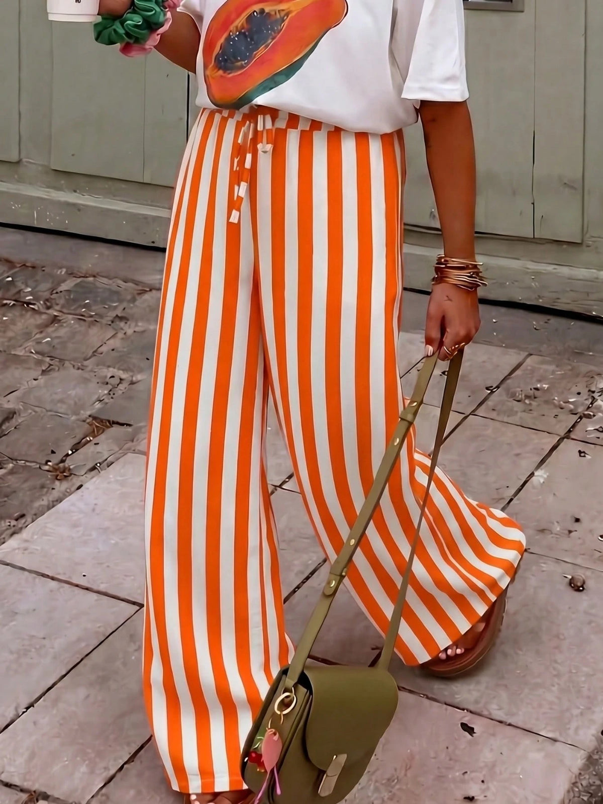 Women's Casual Striped Straight Leg Loose Pants, Suitable For Summer Holiday And Daily Wear