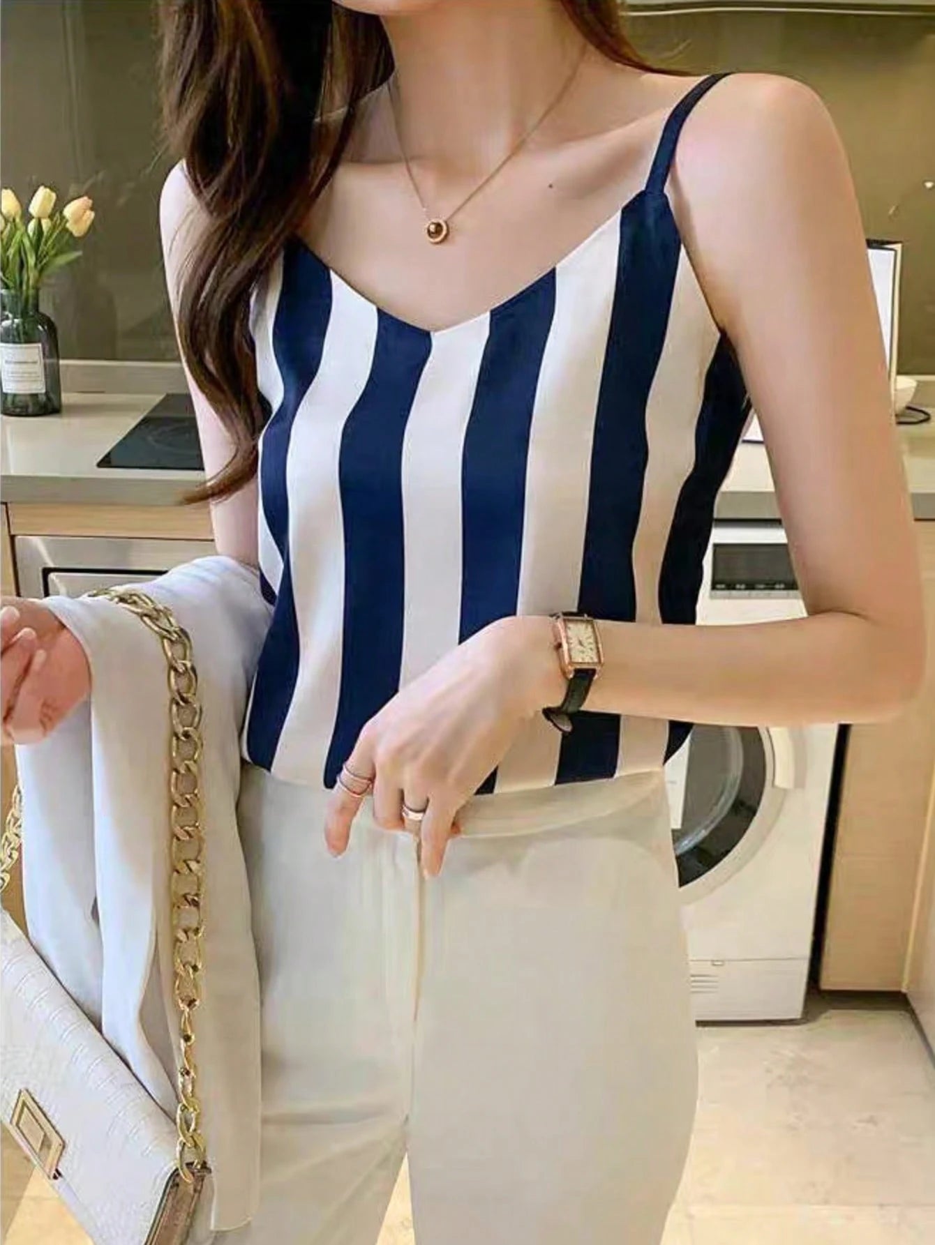 Women's Casual Striped Tank Top, Adjustable Strap Design- Blue & White Vertical Stripes, V-Neck, Loose Fit Slimming Thin Summer Sleeveless Top, Perfect For Casual Wear, Sexy Top