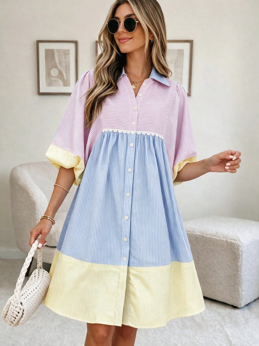 Women's Colorblock Striped Ruffle Hem Shirt Dress, Front Button Closure Lantern Short Sleeve Elegant Sweet Dress, Versatile For Vacation And Summer