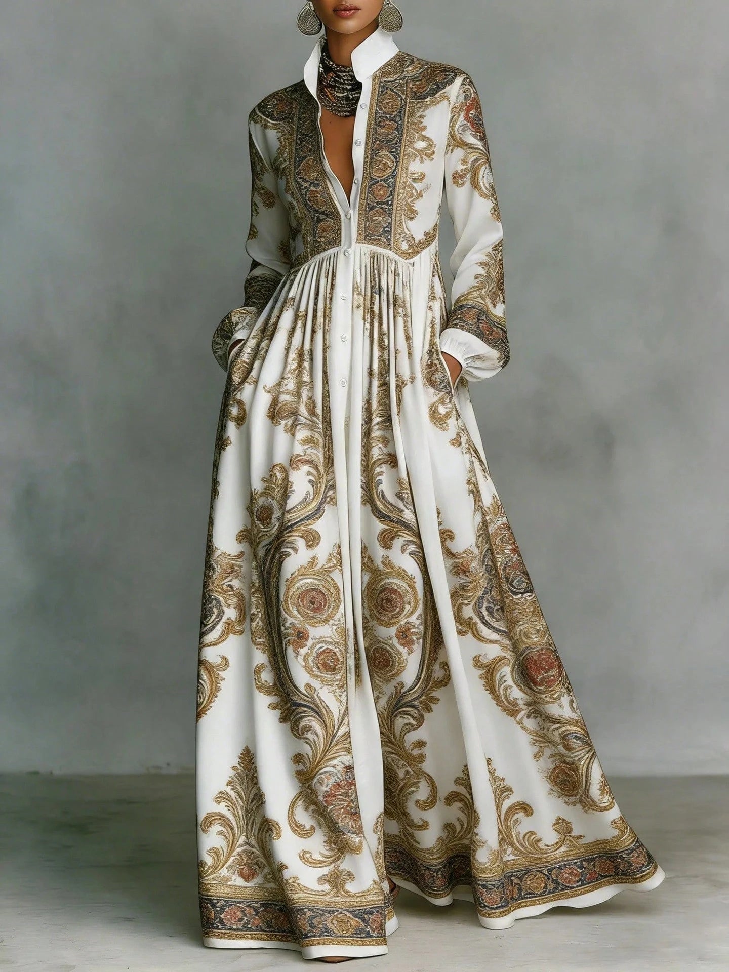 Women's Contrast Long Sleeve Paisley Print Collared Button Front Pocket High Waist Floor Maxi Dress Vintage Resort Elegant Dress