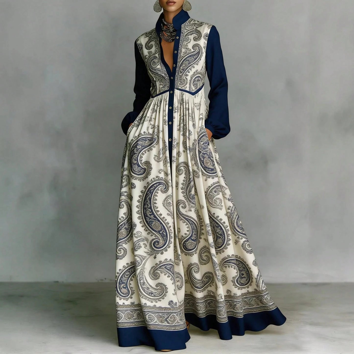 Women's Contrast Long Sleeve Paisley Print Collared Button Front Pocket High Waist Floor Maxi Dress Vintage Resort Elegant Dress