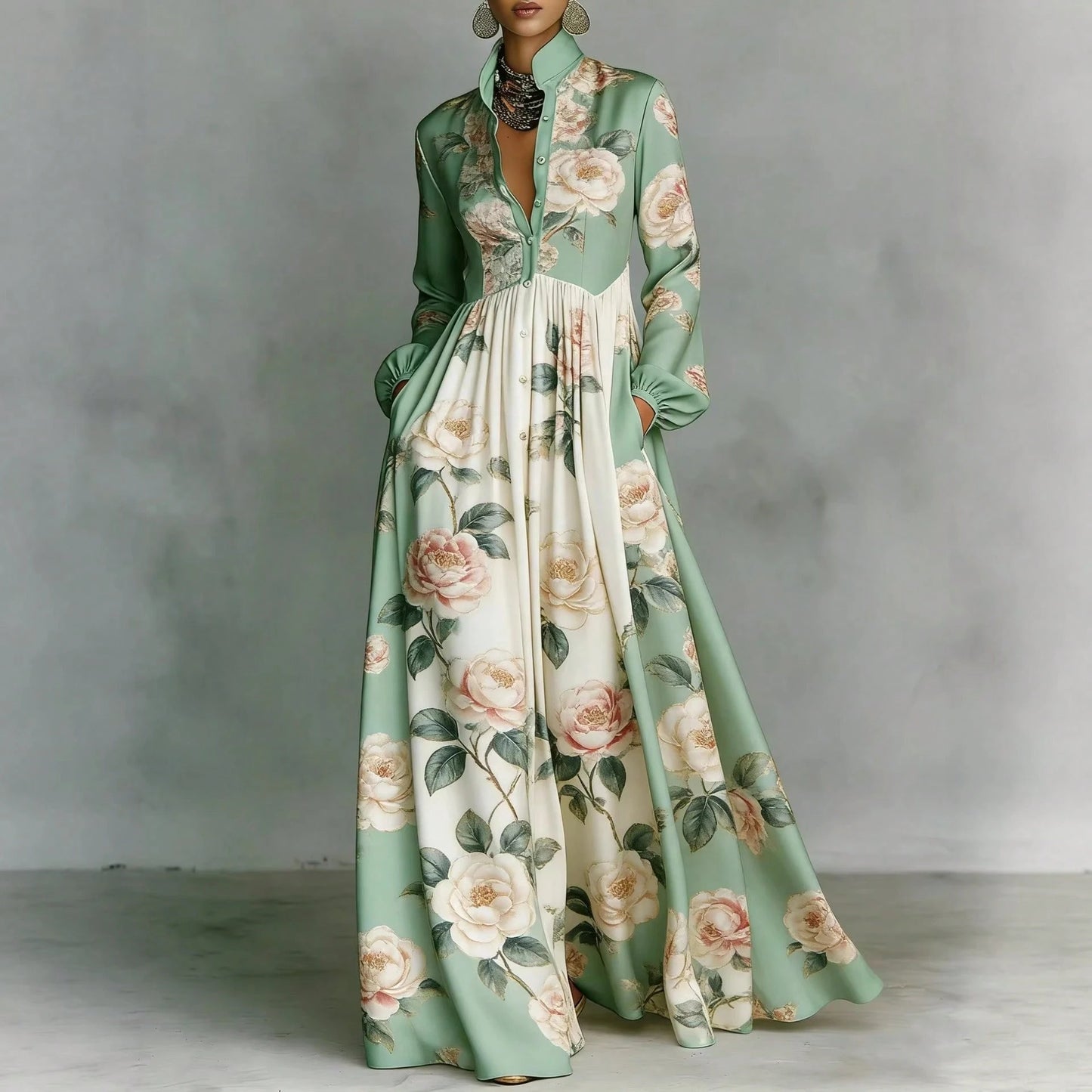 Women's Contrast Long Sleeve Paisley Print Collared Button Front Pocket High Waist Floor Maxi Dress Vintage Resort Elegant Dress